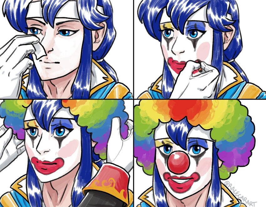 2boys, adam's_apple, applying_makeup, blue_eyes, blue_hair, blush_stickers, clown, clown_nose, clown_wig, commentary, english_commentary, fire_emblem, fire_emblem:_genealogy_of_the_holy_war, gloves, hair_between_eyes, hair_visible_through_wig, headband, highres, long_hair, looking_at_viewer, makeup, meme, multicolored_hair, multiple_boys, multiple_views, nintendo, nose, oifey_(fire_emblem), ponytail, racecar_(racecarart), rainbow_hair, seliph_(fire_emblem), sidelocks, simple_background, twitter_username, white_background, white_gloves, white_headband, wig