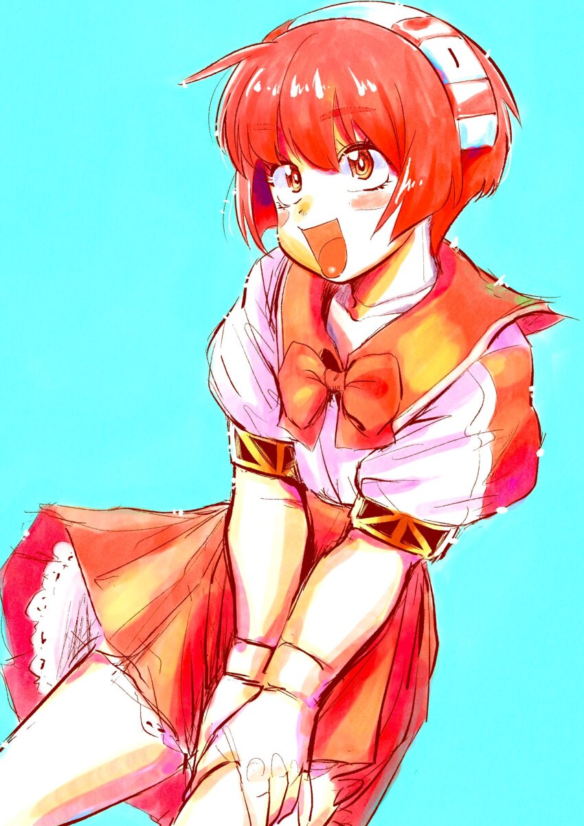 1girl, :d, android, aqua_background, blush_stickers, bow, bowtie, cowboy_shot