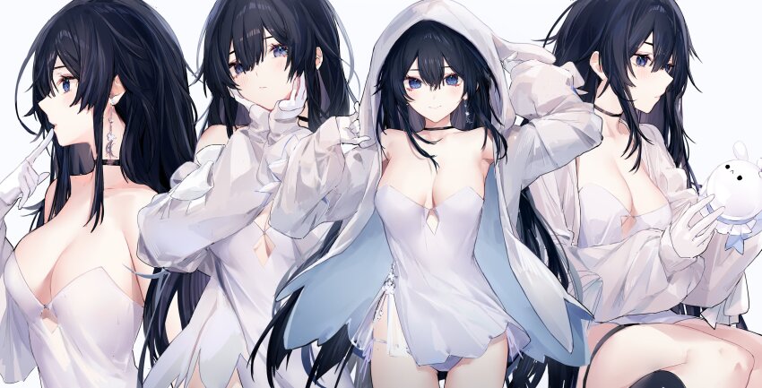 1girl, absurdres, arm_up, armpits, bare_shoulders, black_choker, black_hair, blue_eyes, breasts, choker, cleavage, closed_mouth, clothing_cutout, commentary, dress, earrings, english_commentary, gloves, hand_up, highres, hood, hooded_jacket, indie_virtual_youtuber, jacket, jewelry, long_hair, long_sleeves, looking_at_viewer, medium_breasts, multiple_views, neonbeat, no_bra, off_shoulder, open_clothes, open_jacket, panties, seol_(teacuppity)_(vtuber), short_dress, side_slit, simple_background, strapless, strapless_dress, string_panties, thighs, underboob_cutout, underwear, very_long_hair, virtual_youtuber, white_background, white_dress, white_gloves, white_jacket, white_panties