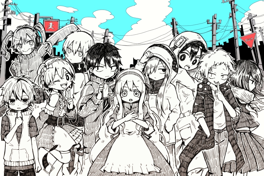 5boys, 5girls, :d, adjusting_hood, amamiya_hibiya, apron, arm_at_side, arm_up