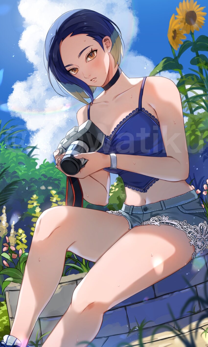 1girl, bare_shoulders, black_choker, blonde_hair, blue_hair, blue_shirt, blue_shorts, blue_sky