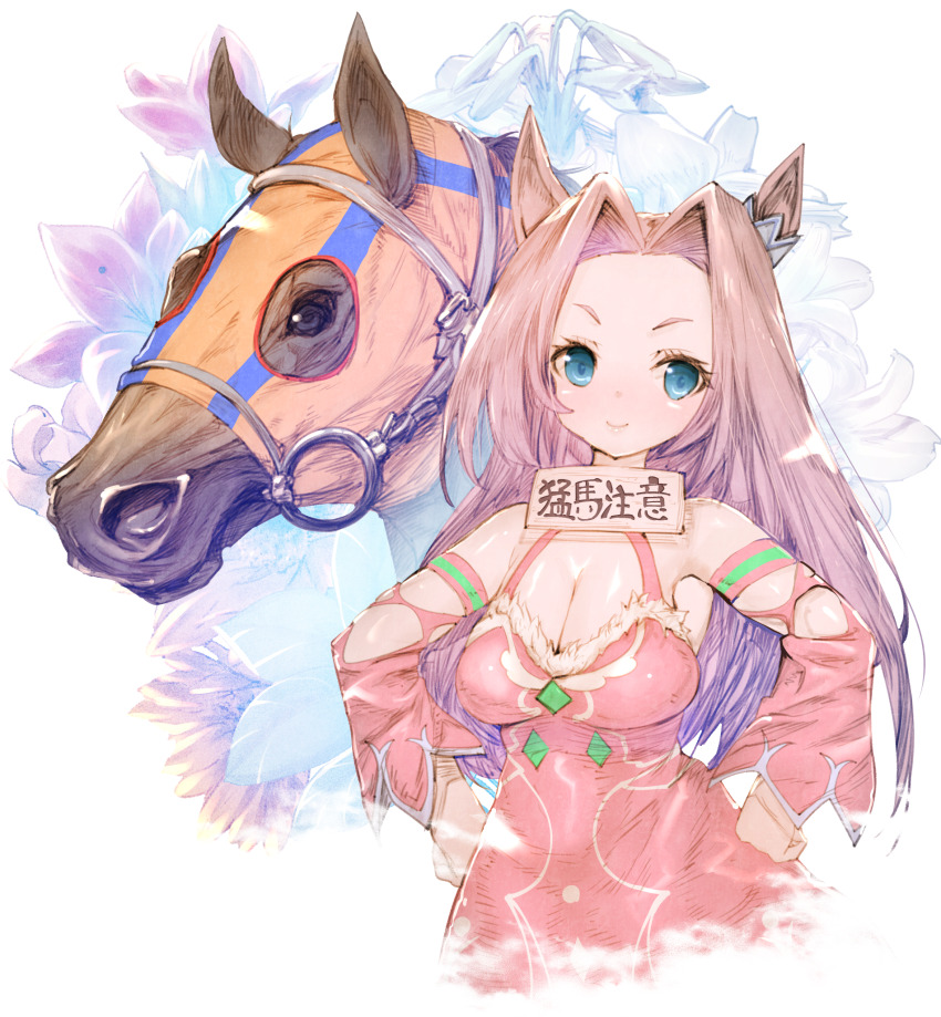 1girl, animal_ears, armband, blue_eyes, breasts, bridle, brown_hair, cleavage