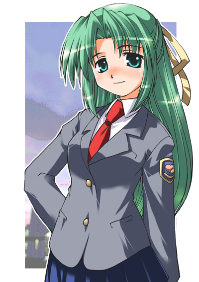 00s, 1girl, blazer, female_focus, green_eyes, green_hair, hair_intakes, hair_ribbon