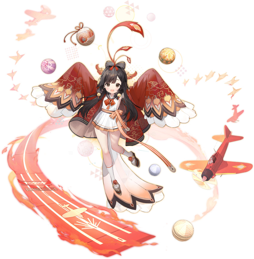 1girl, aircraft, airplane, arms_up, azur_lane, ball, bell, black_hair