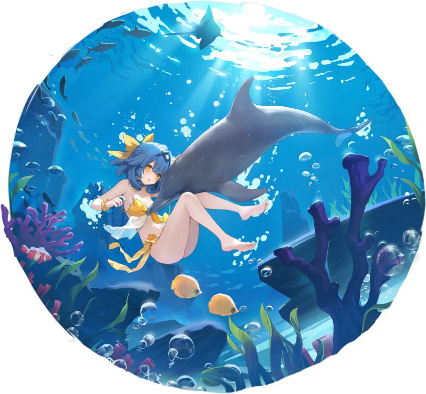 >_<, 1girl, :o, ass, azur_lane, barefoot, bikini, blue_hair