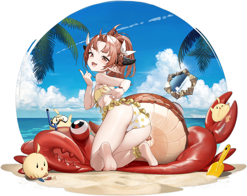 1girl, :d, ahoge, animal_print, anklet, ass, azur_lane, baby_animal, bare_shoulders, barefoot, beach, bikini, bird, bird_print, blue_sky, blush, braid, brown_eyes, brown_hair, chick, cloud, day, dragon_girl, dragon_horns, dragon_tail, fang, feet, flat_chest, frilled_bikini, frills, from_behind, hair_ribbon, highres, hiranuma_(azur_lane), horns, index_finger_raised, inflatable_crab, izuru_(timbermetal), jewelry, kneeling, legs, long_hair, looking_at_viewer, looking_back, manjuu_(azur_lane), nail_polish, natori_(azur_lane), natori_(beach_paradise)_(azur_lane), ocean, official_alternate_costume, official_art, open_mouth, outdoors, palm_leaf, palm_tree, parted_bangs, pointy_ears, ponytail, red_nails, ribbon, sand, sky, smile, smug, soles, solo_focus, swimsuit, tail, thighs, toes, tree, v-shaped_eyebrows, water, white_ribbon