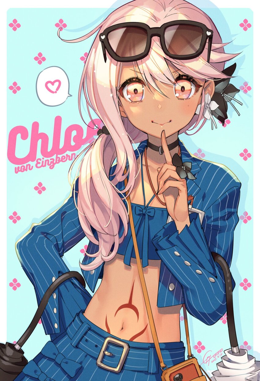 1girl, aqua_background, bag, bandeau, belt, belt_buckle, black-framed_eyewear, black_flower