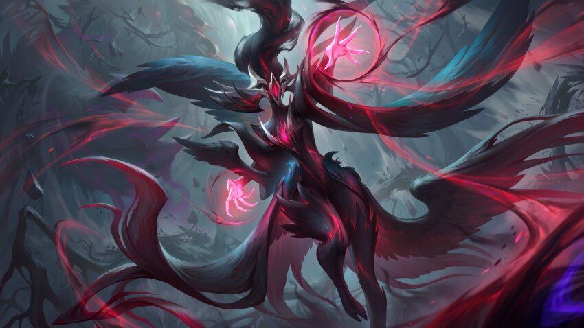 1girl, arm_up, black_hair, claws, coven_janna, feathered_wings, fingernails, foot_out_of_frame, glowing, glowing_eyes, highres, janna_(league_of_legends), league_of_legends, legends_of_runeterra, long_hair, magic, multicolored_hair, official_alternate_costume, official_art, one-eyed, red_hair, sharp_fingernails, solo, two-tone_hair, wings