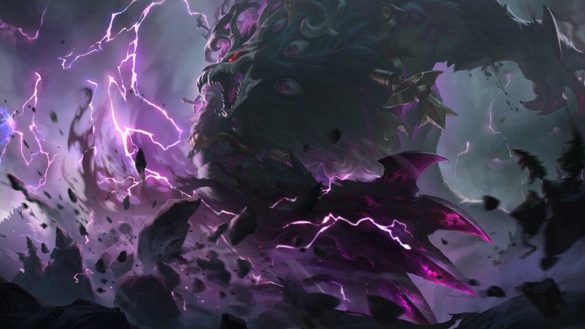 bear, claws, extra_eyes, giant, glowing, glowing_eyes, highres, league_of_legends, legends_of_runeterra, lightning, official_art, outdoors, pink_eyes, red_eyes, runes, storm, sword, tattoo, the_thousand-pierced_bear, tree, volibear, weapon