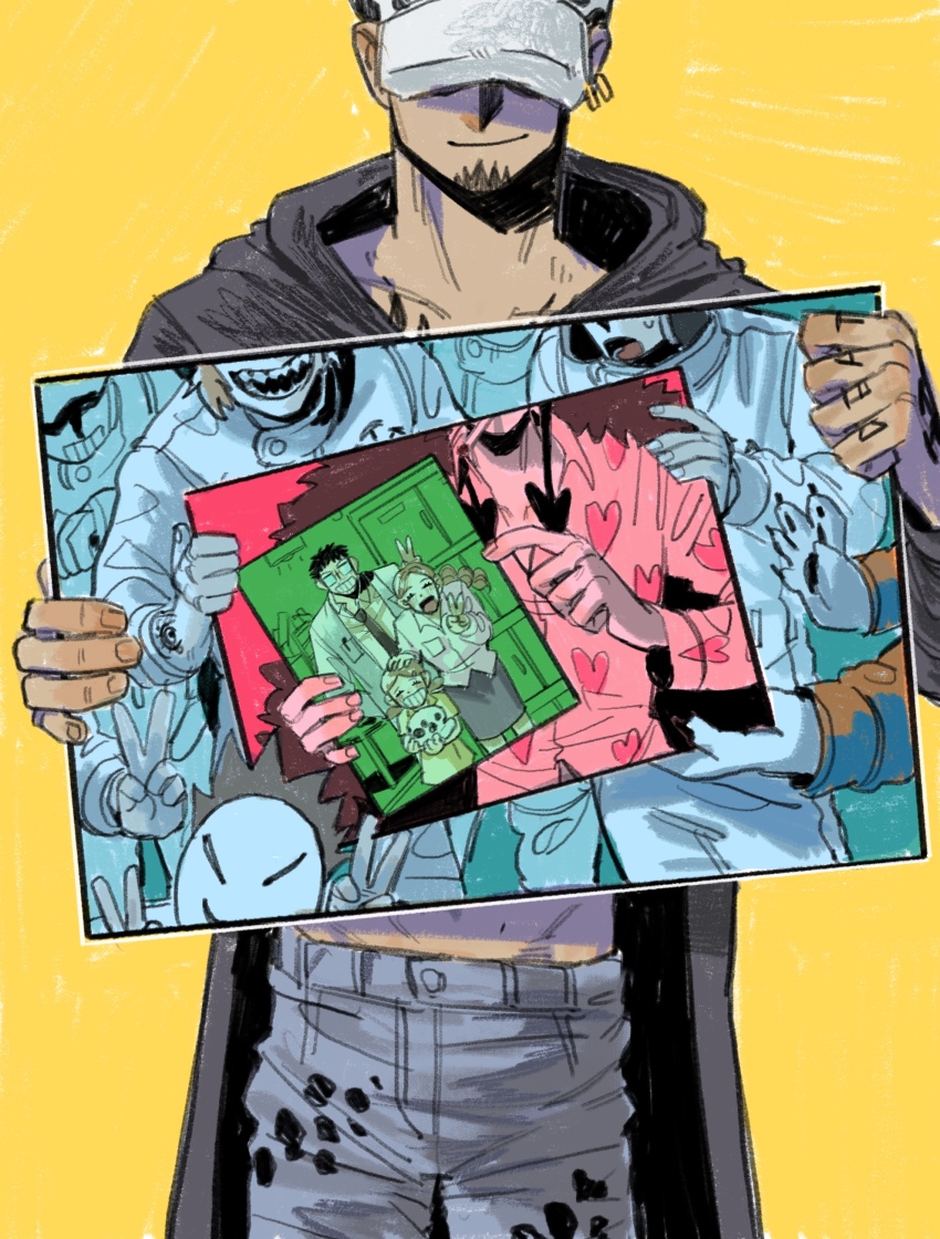 1boy, absurdres, bepo_(one_piece), black_coat, coat, covered_eyes, denim, donquixote_rocinante, drawing_(object), earrings, facial_hair, hakugan_(one_piece), hand_tattoo, hands_up, hat, highres, holding, holding_drawing, hood, hood_down, jeans, jewelry, light_smile, male_focus, mint_ack, one_piece, pants, penguin_(one_piece), shachi_(one_piece), solo, symbolism, tattoo, trafalgar's_father_(one_piece), trafalgar's_mother_(one_piece), trafalgar_lami, trafalgar_law, yellow_background