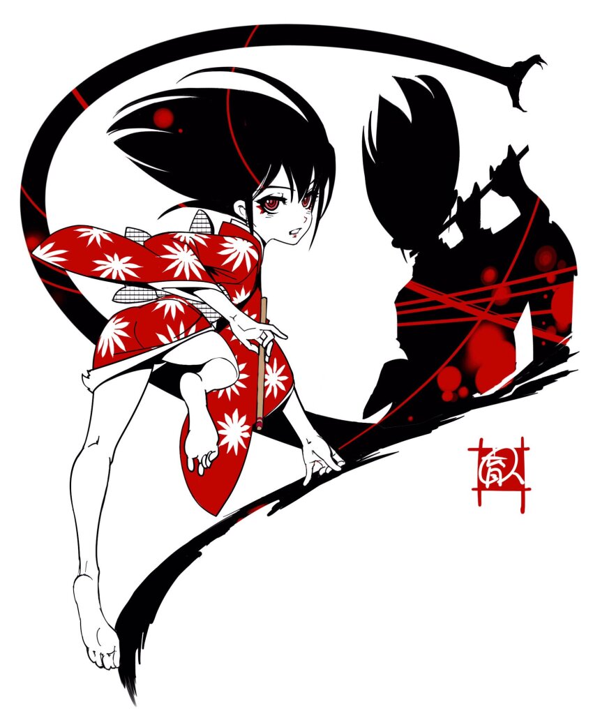1girl, ass, barefoot, black_hair, blood, blood_stain, different_shadow, eyeliner, flute, full_body, highres, instrument, japanese_clothes, kimono, limited_palette, looking_at_viewer, looking_back, makeup, medium_hair, onihime_(sasuke), print_kimono, red_eyes, red_kimono, sasuke_(manga), shadow, short_kimono, snake, soles, solo, toes, yamashita_ikuto
