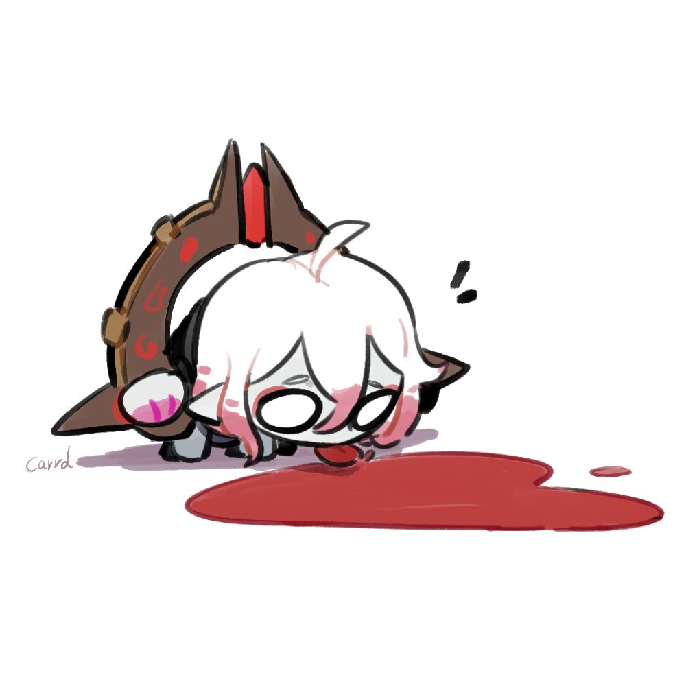 1girl, ahoge, artist_name, blood, briar_(league_of_legends), chained_wrists, chibi, gambler_carrd, gradient_hair, hair_between_eyes, kneeling, league_of_legends, licking_blood, multicolored_hair, no_pupils, notice_lines, pink_hair, pool_of_blood, simple_background, solo, two-tone_hair, white_background, white_eyes, white_hair