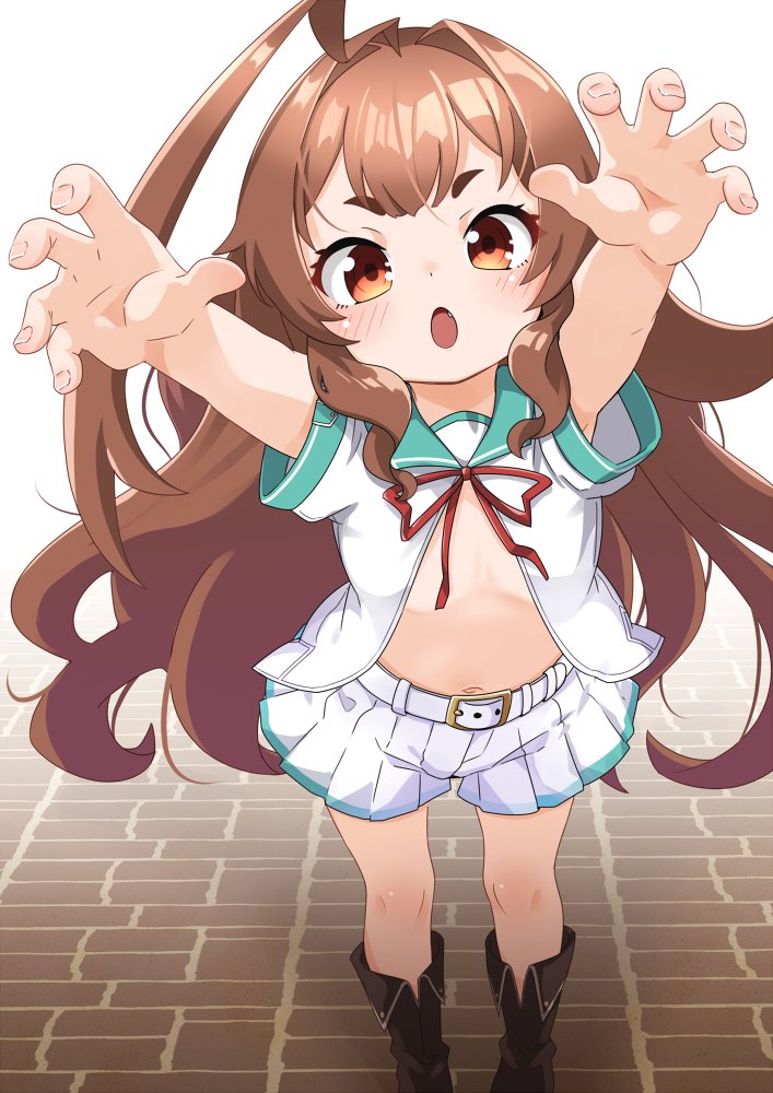 ahoge, aqua_sailor_collar, belt, black_footwear, boots, brick_road, brown_boots, brown_eyes, brown_hair, flat_chest, foreshortening, from_above, huge_ahoge, kantai_collection, kuma_(kancolle), kuma_kai_ni_(kancolle), long_hair, looking_at_viewer, nassukun, open_clothes, open_shirt, pleated_shorts, reaching, reaching_towards_viewer, sailor_collar, sailor_shirt, school_uniform, serafuku, shirt, short_sleeves, shorts, thick_eyebrows, white_belt, white_shirt, white_shorts