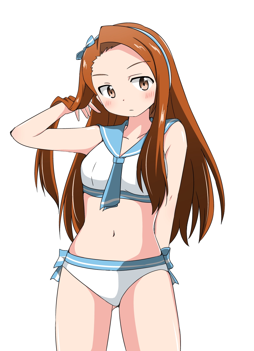 1girl, arm_behind_back, bare_shoulders, bikini, blue_hairband, blue_neckerchief, blue_sailor_collar, blush, breasts, brown_eyes, brown_hair, closed_mouth, collarbone, commentary, cowboy_shot, dot_nose, hairband, hand_in_own_hair, hand_up, highres, idolmaster, idolmaster_(classic), idolmaster_million_live!, idolmaster_million_live!_theater_days, long_hair, looking_at_viewer, minase_iori, nanakusa_suzuna, navel, neckerchief, sailor_bikini, sailor_collar, sailor_swimsuit_(idolmaster), side-tie_bikini_bottom, small_breasts, solo, standing, swimsuit, white_background, white_bikini