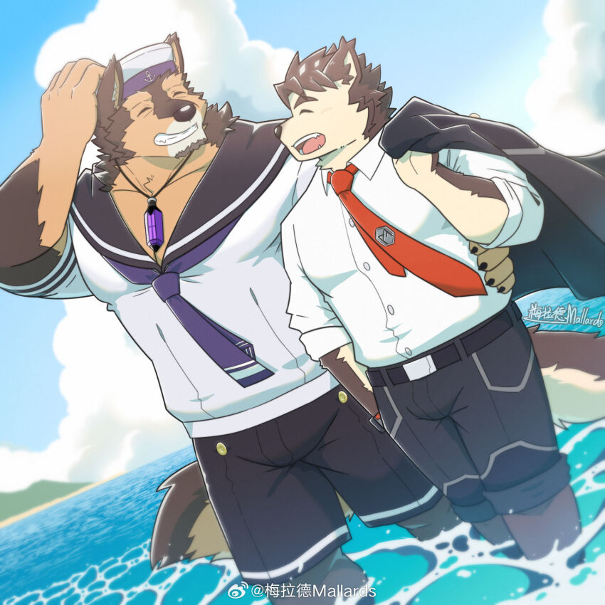 2boys, :d, ^_^, animal_ears, bara, blue_sky, brown_fur, closed_eyes
