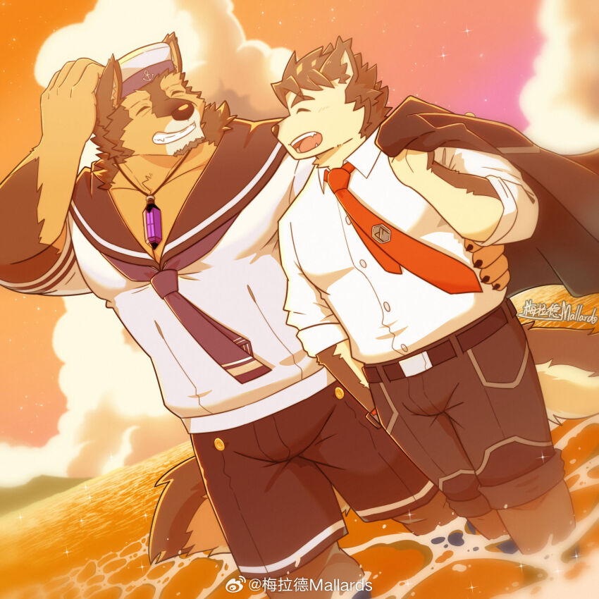 2boys, :d, ^_^, animal_ears, bara, brown_fur, closed_eyes, cloud