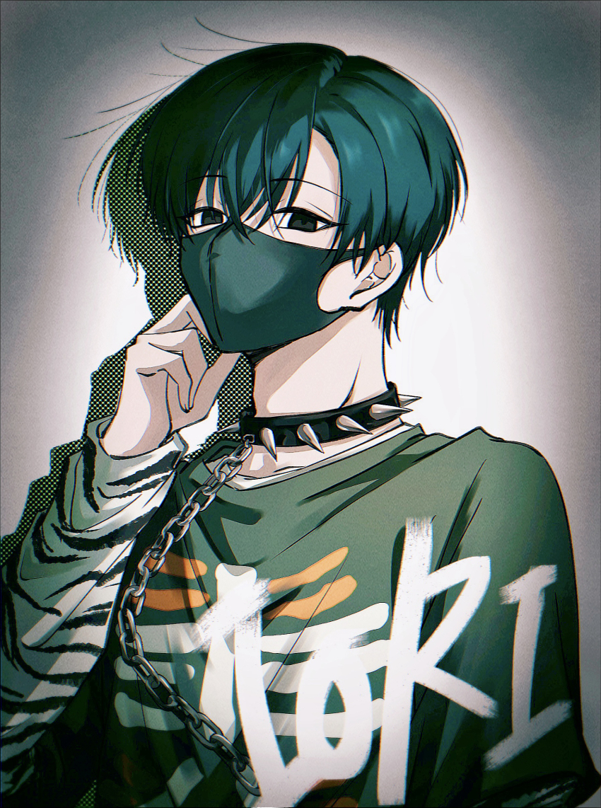 1boy, absurdres, black_collar, black_eyes, black_mask, black_shirt, blue_hair, chain