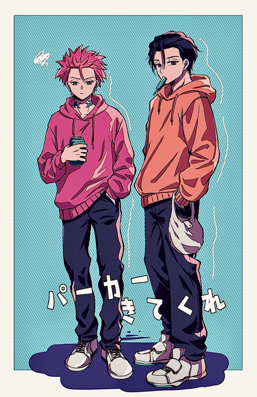 2boys, absurdres, black_hair, black_pants, blue_background, border, brown_eyes, can, charisma_house, food_in_mouth, full_body, grey_eyes, grey_footwear, highres, holding, holding_can, hood, hood_down, hoodie, itou_fumiya, looking_at_viewer, multiple_boys, neck_tattoo, orange_hoodie, pants, pink_hair, popsicle, popsicle_in_mouth, red_hoodie, sarukawa_kei, shoes, sneakers, tattoo, ukisi, white_border