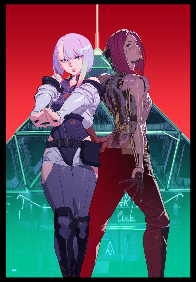 2girls, black_leotard, blunt_bangs, clothing_cutout, cyberpunk:_edgerunners, cyberpunk_(series), highres, hip_vent