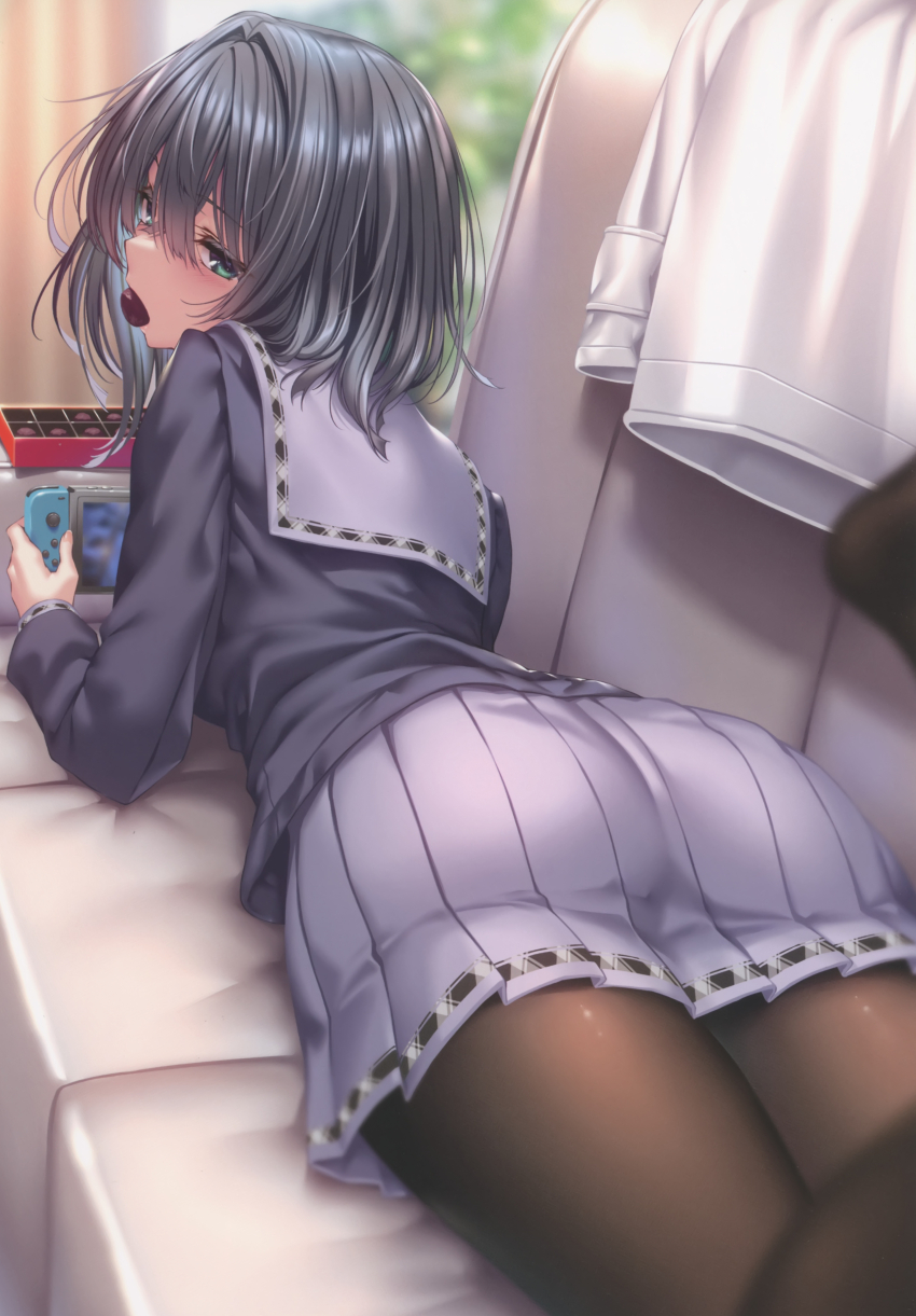 1girl, absurdres, ass, ass_focus, black_hair, blurry, blush, chigami_hikage