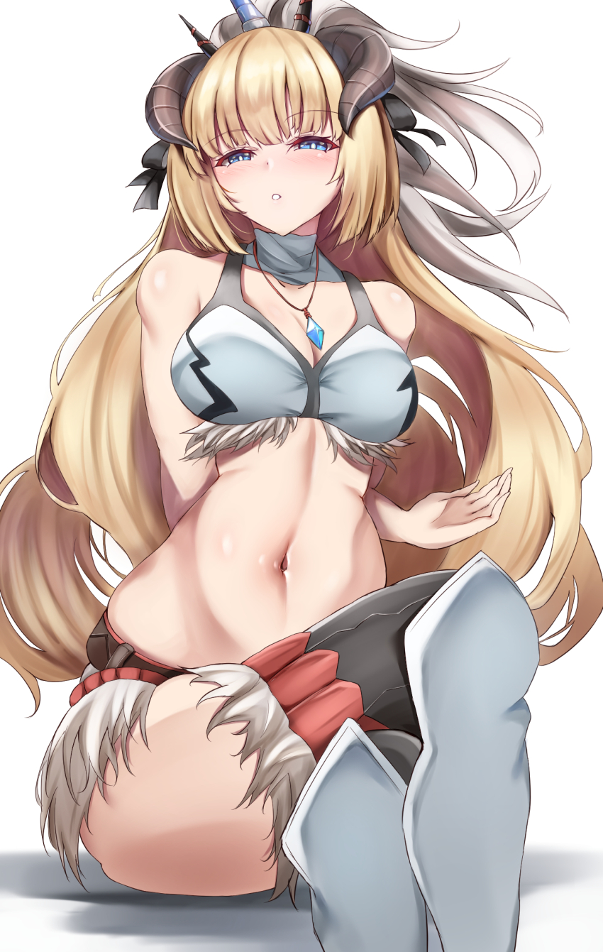 1girl, arknights, bare_shoulders, black_thighhighs, blonde_hair, blue_eyes, breasts, cleavage