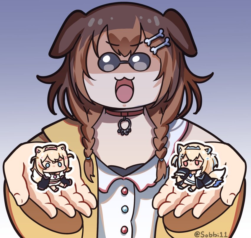 3girls, animal_collar, animal_ears, black_jacket, blonde_hair, blue_background, blue_eyes, blue_pill, bone_hair_ornament, braid, brown_hair, brown_tail, cartoon_bone, collar, dog_ears, dog_girl, foreshortening, fuwawa_abyssgard, fuwawa_abyssgard_(1st_costume), gradient_background, hair_ornament, highres, hololive, hololive_english, inugami_korone, inugami_korone_(1st_costume), jacket, jitome, long_hair, low_twin_braids, mini_person, minigirl, mococo_abyssgard, mococo_abyssgard_(1st_costume), multiple_girls, o_o, open_clothes, open_jacket, outstretched_hand, parody, pink_eyes, red_collar, red_pill, scene_reference, siblings, sisters, sobbi11, the_matrix, twin_braids, twins, twitter_username, upper_body, virtual_youtuber, yellow_jacket