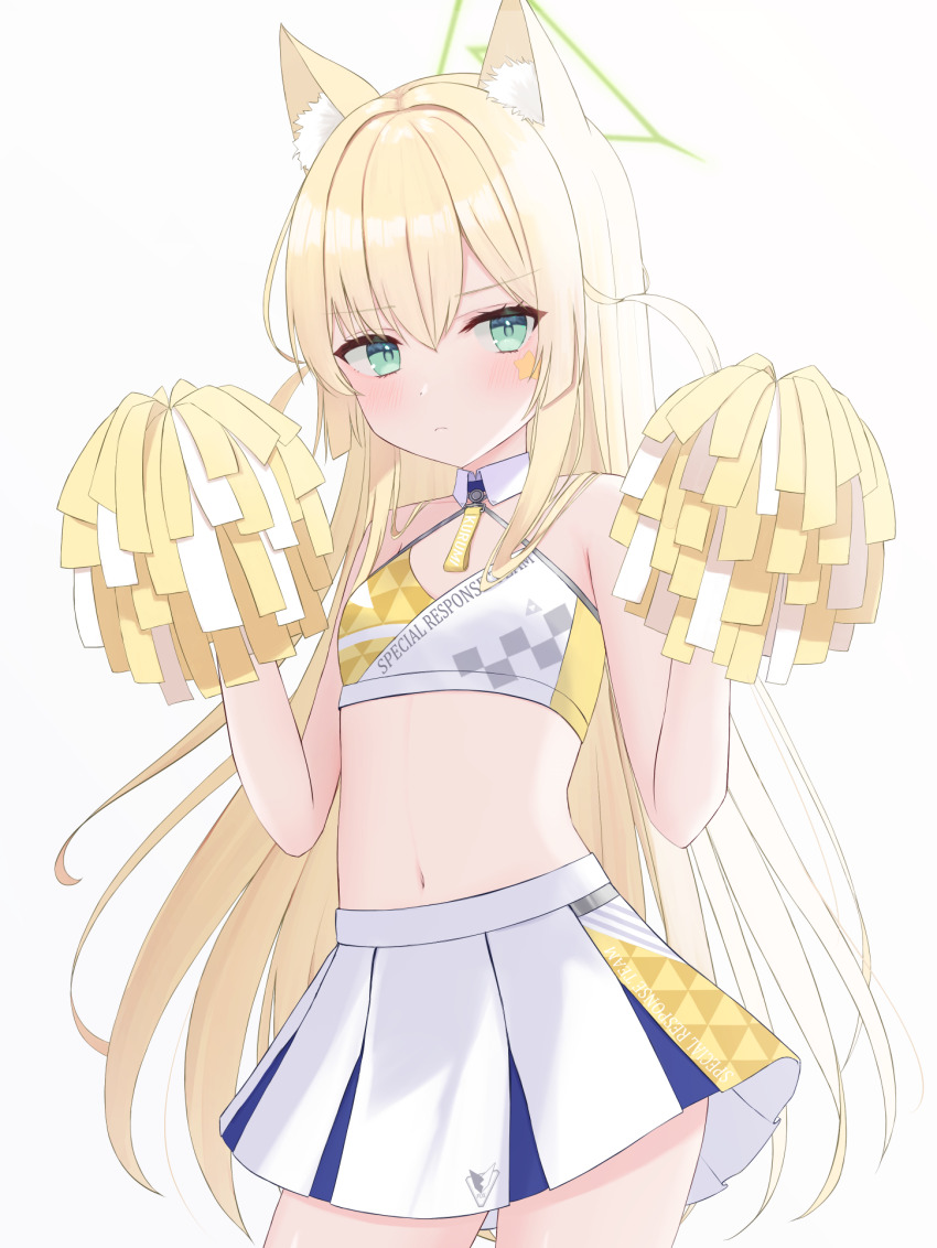 1girl, alternate_costume, animal_ears, blonde_hair, blue_archive, cheerleader, closed_mouth, crop_top
