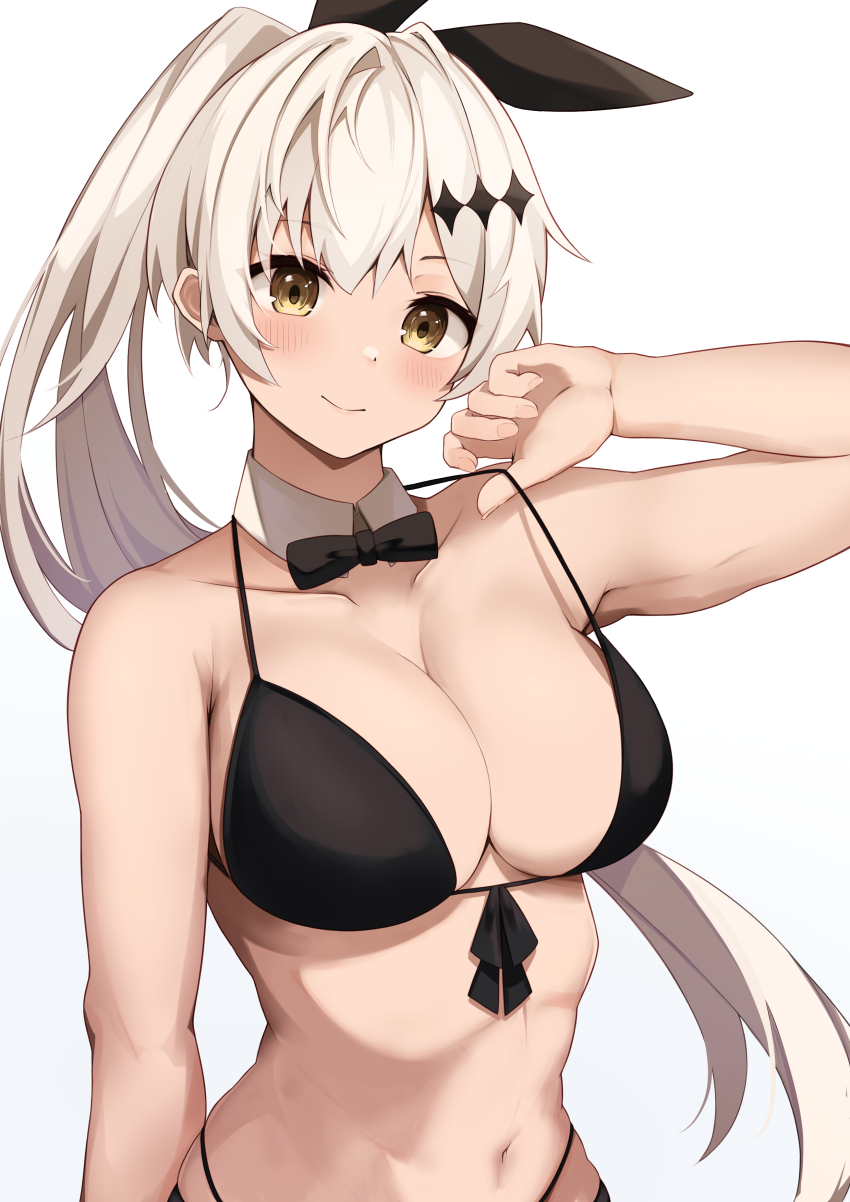 1girl, absurdres, aratake, bare_arms, bare_shoulders, bikini, black_bikini, black_bow