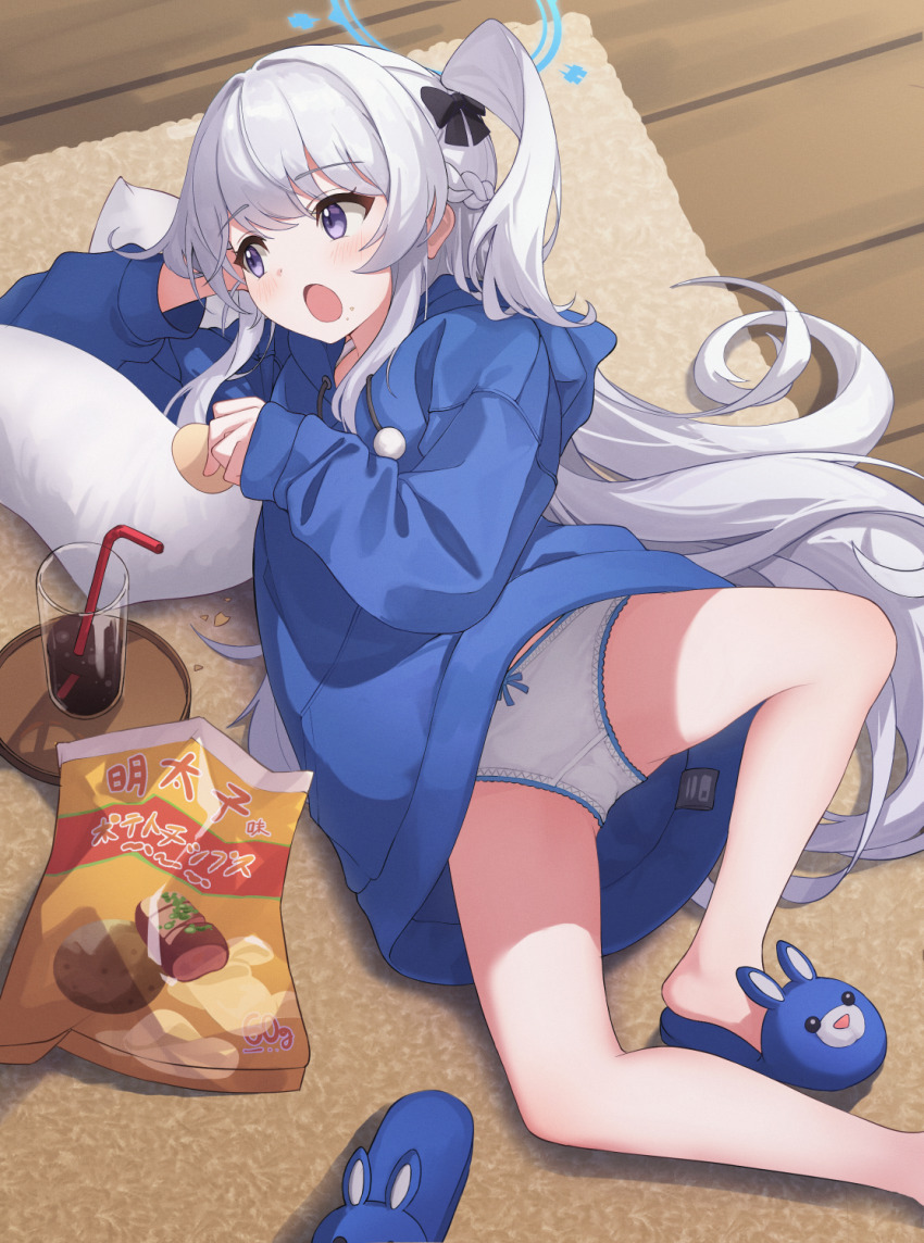 1girl, alternate_costume, bag_of_chips, blue_archive, blue_halo, blue_hoodie, blue_trim, bow