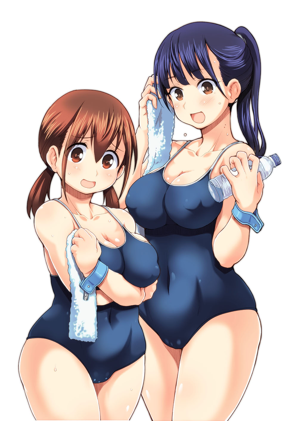 2girls, arms_under_breasts, bare_shoulders, blue_hair, blue_one-piece_swimsuit, blush, boku_no_kokoro_no_yabai_yatsu, bottle, breasts, brown_eyes, brown_hair, cameltoe, cleavage, collarbone, competition_school_swimsuit, covered_erect_nipples, covered_navel, cowboy_shot, crossed_arms, dark_blue_hair, hagiya_masakage, hara_honoka, high_ponytail, highres, holding, holding_bottle, holding_towel, large_breasts, long_hair, mole, mole_on_neck, multiple_girls, multiple_moles, one-piece_swimsuit, open_mouth, plump, ponytail, sagging_breasts, school_swimsuit, simple_background, swimsuit, thighs, towel, twintails, white_background, yamada_anna