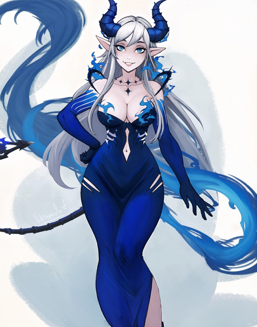 1girl, absurdres, blue_eyes, breasts, demon_girl, desm0nt, elsword, full_body