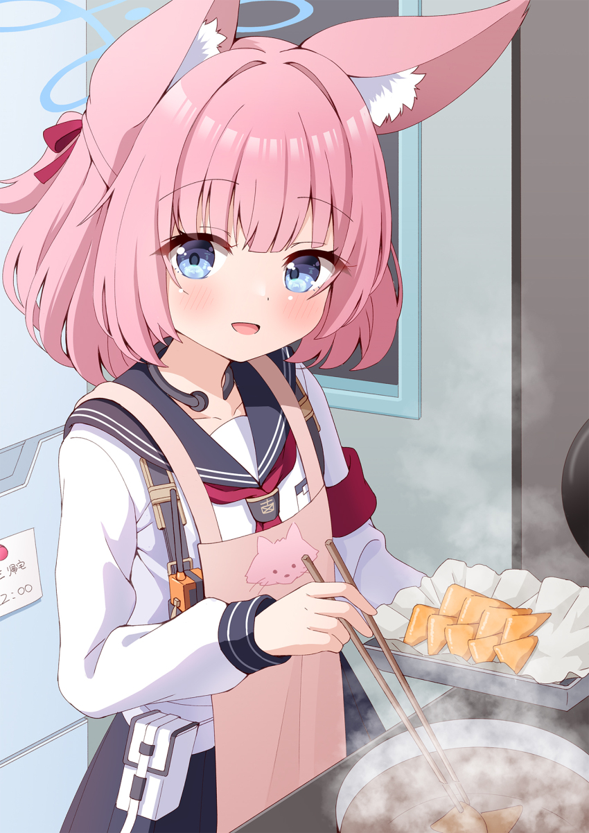 1girl, :d, aburaage, animal_ear_fluff, animal_ears, apron, azel_(laevateinn495), belt_pouch, black_skirt, blue_archive, blue_eyes, choker, chopsticks, commentary_request, cooking, deep_fryer, deep_frying, food, fox_ears, fox_girl, fox_print, hair_between_eyes, halo, highres, holding, holding_chopsticks, holding_tray, indoors, kitchen, long_sleeves, looking_at_viewer, medium_hair, niko_(blue_archive), open_mouth, pink_apron, pink_hair, pleated_skirt, pouch, refrigerator, school_uniform, serafuku, shoulder_strap, sidelocks, skirt, smile, solo, steam, tissue, tray, walkie-talkie