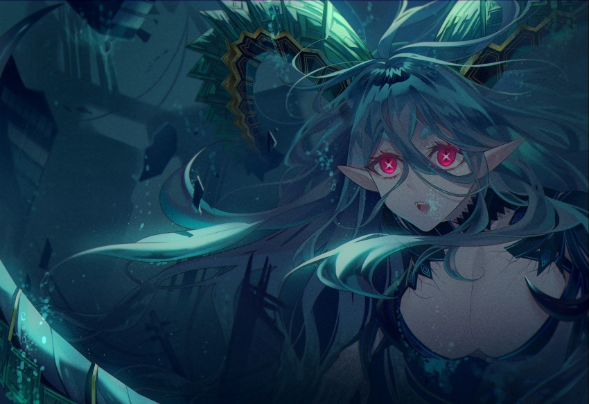 1girl, air_(98061035), air_bubble, blue_hair, breasts, bubble, cleavage, fate/grand_order