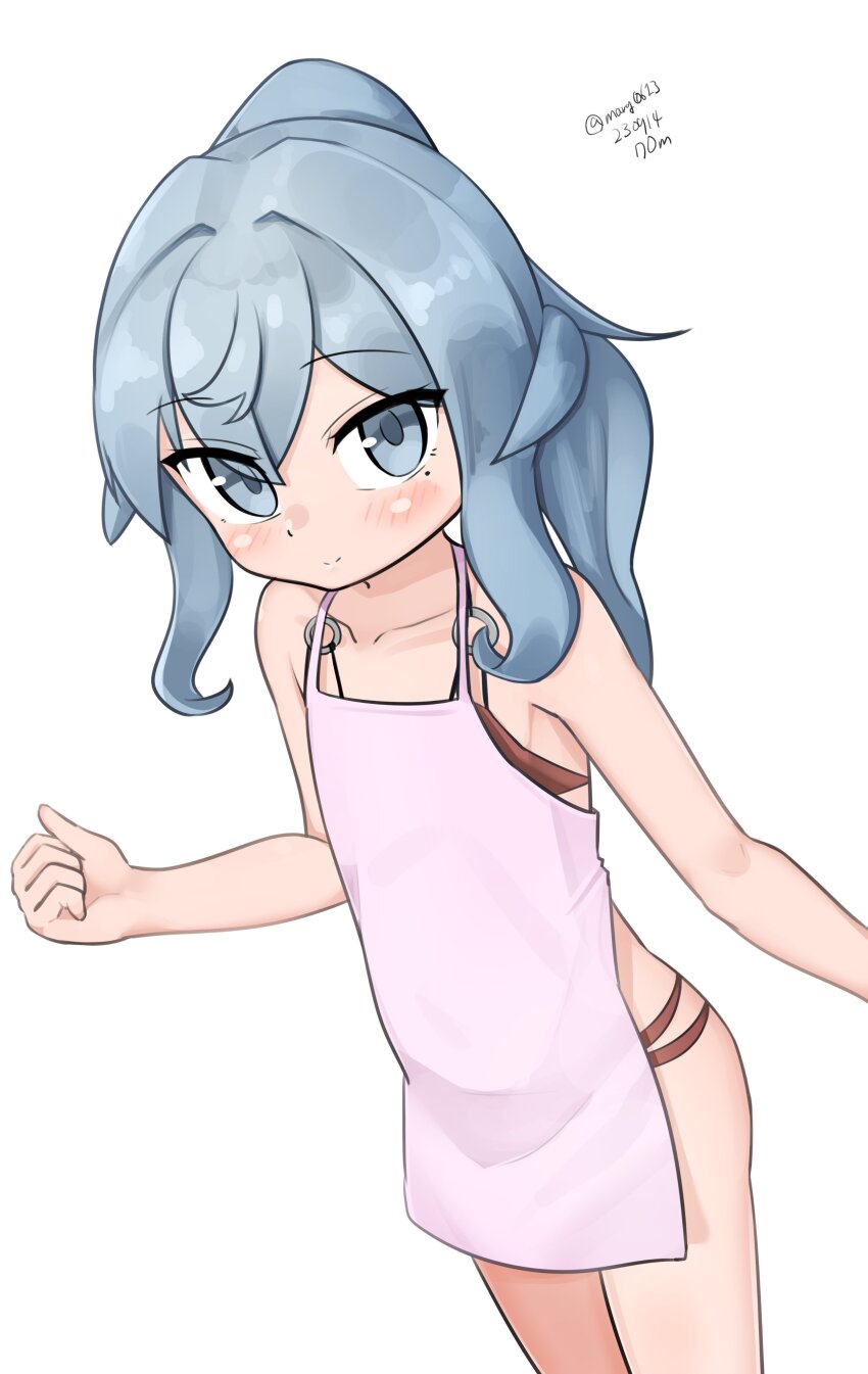 1girl, absurdres, aged_down, apron, bikini, blue_eyes, blue_hair, brown_bikini