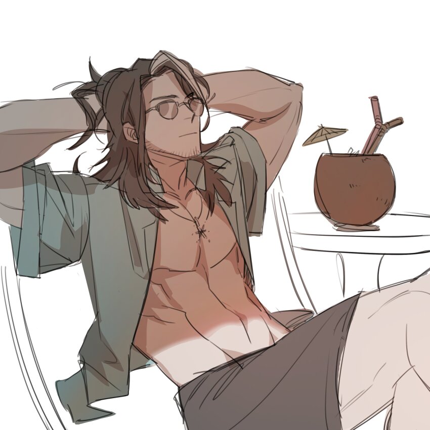 108cycle, 1boy, absurdres, alternate_costume, arknights, arms_behind_head, bad_id, bad_twitter_id