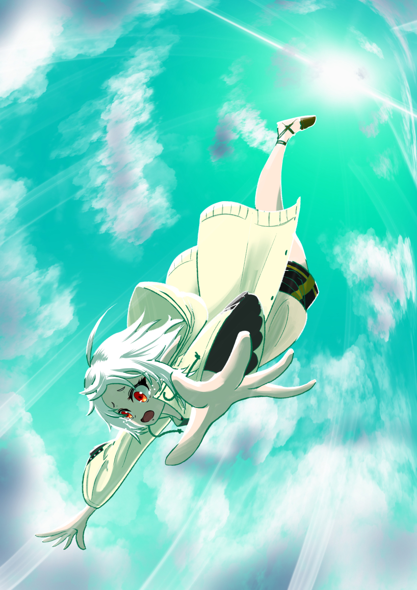 1girl, absurdres, ahoge, cloud, day, elf, falling, highres