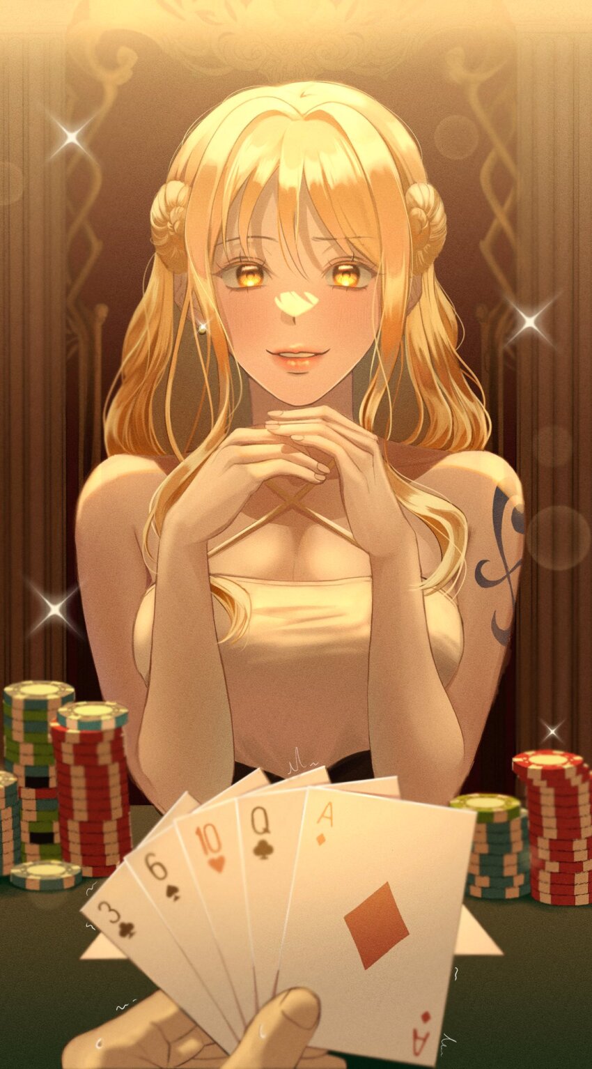 1girl, ace_(playing_card), ace_of_hearts, alternate_costume, bare_arms, blush, card, casino