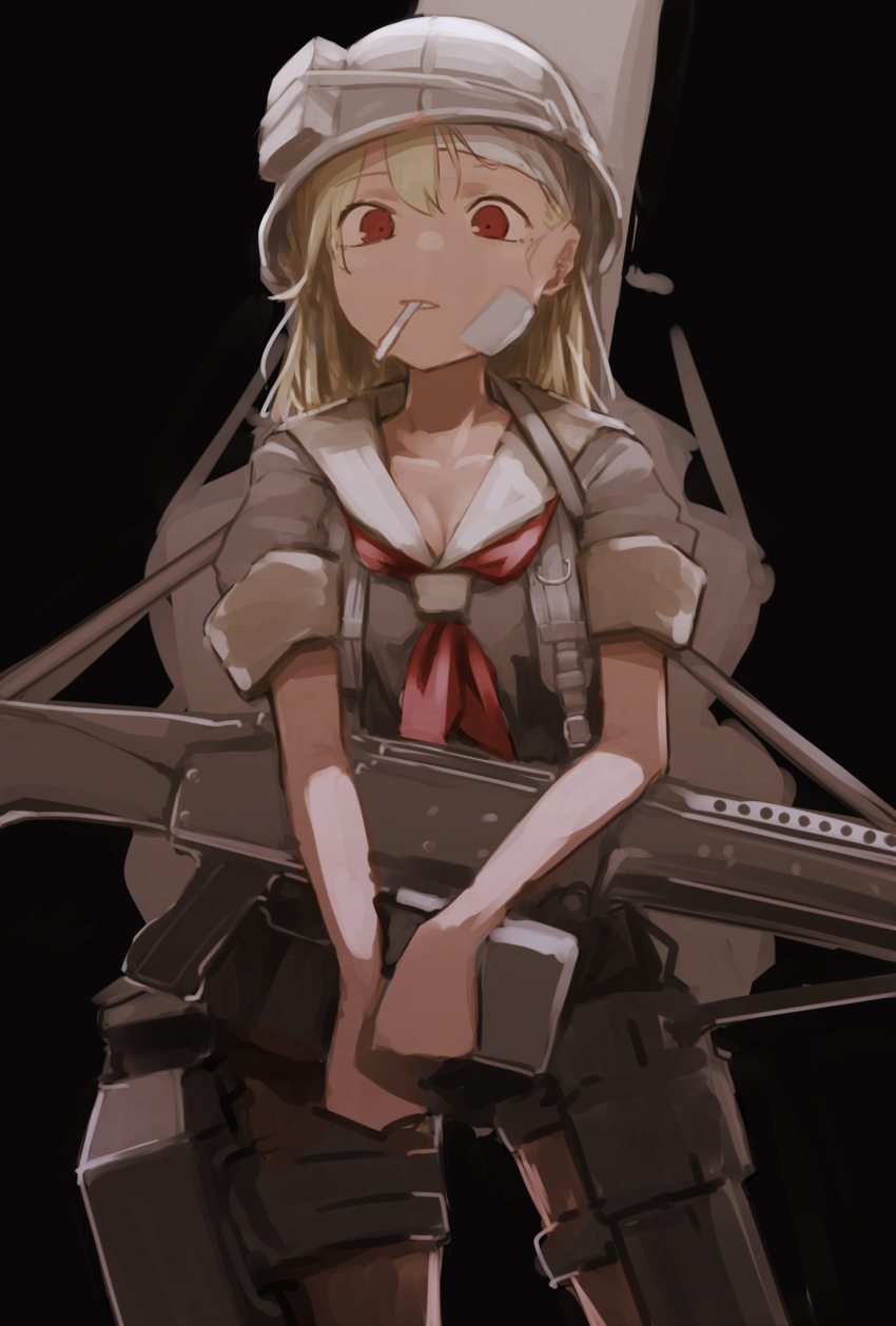 1girl, ammunition_pouch, bandaged_head, bandages, bandaid, bandaid_on_cheek, bandaid_on_face, black_background
