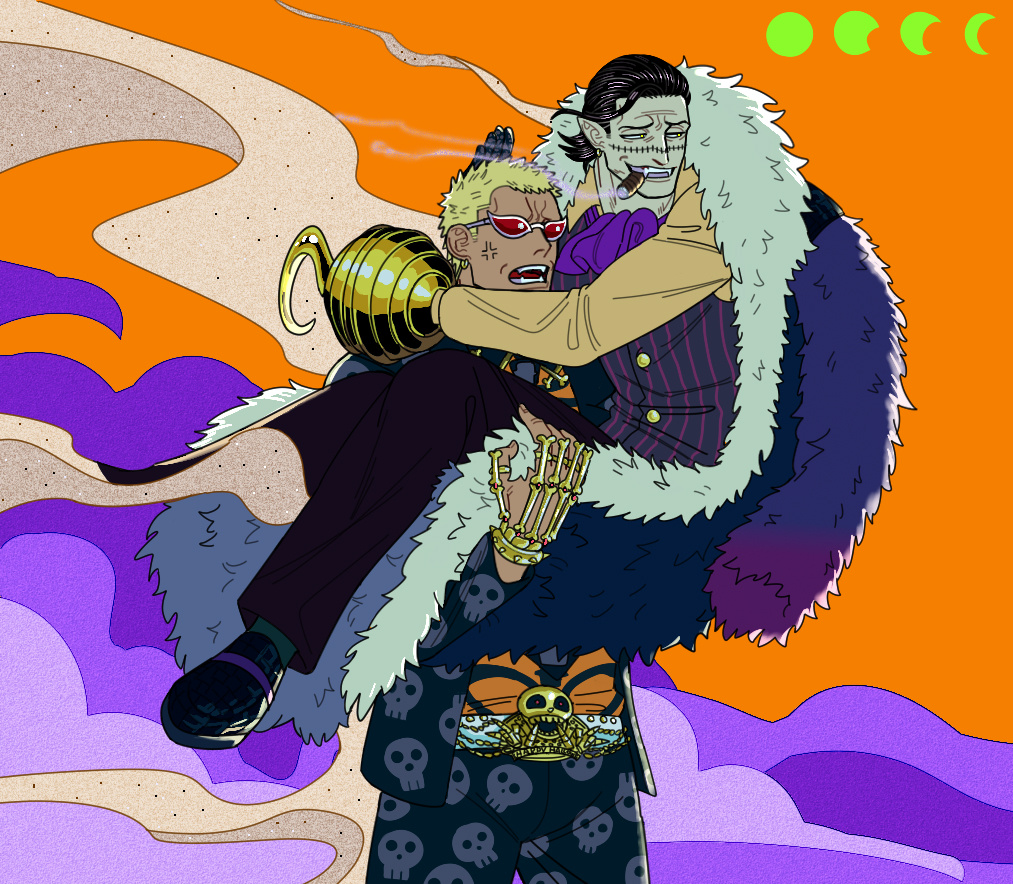 2boys, anger_vein, ascot, black_hair, carrying, cigar, couple, crocodile_(one_piece)