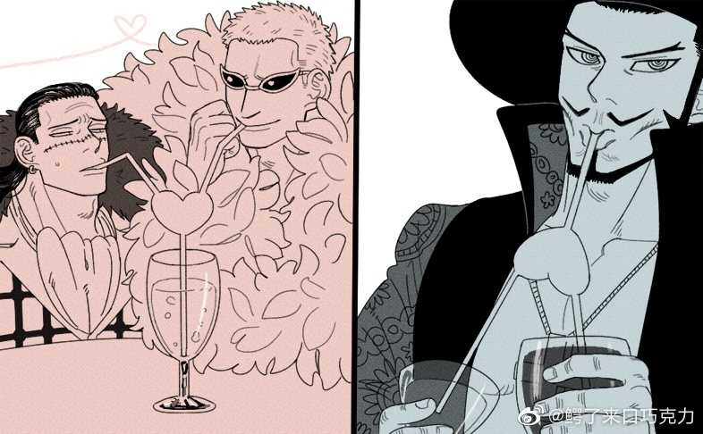 3boys, beard, black_hair, blonde_hair, coat, cocktail_glass, crazy_straw, crocodile_(one_piece)