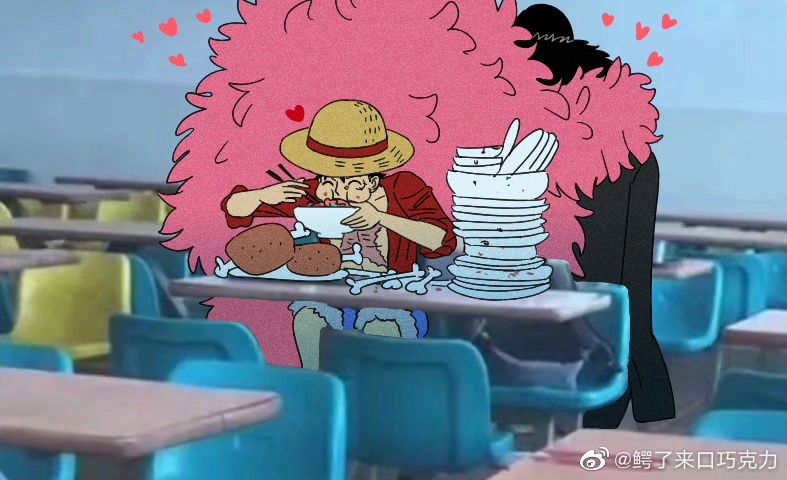 3boys, behind_another, black_hair, blonde_hair, clueless, crocodile_(one_piece), donquixote_doflamingo, eating