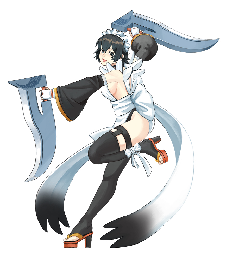 1girl, a-liver, apron, black_hair, black_thighhighs, blade, blue_eyes, breasts, butterfly_swords, choker, flipped_hair, frilled_leotard, frills, hair_ornament, huge_breasts, iroha_(samurai_spirits), japanese_clothes, lace-trimmed_apron, lace_trim, leotard, maid, maid_headdress, maid_leotard, multiple_swords, samurai_spirits, snk, solo, sword, thighhighs, toeless_legwear, unconventional_maid