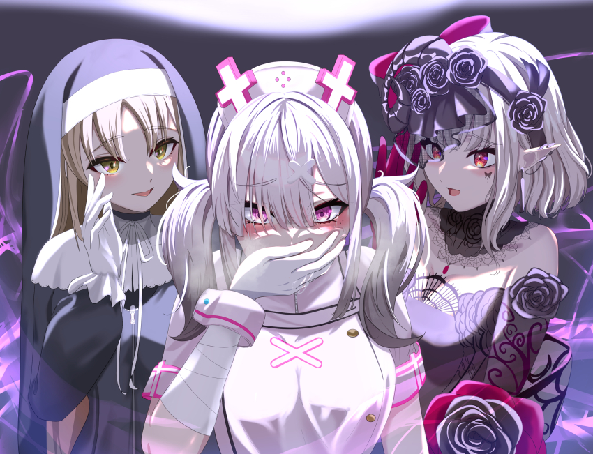 3girls, absurdres, ahoge, apron, bandaged_arm, bandages, black_dress, capelet, clothes_writing, dress, elf, elu_(10th_costume)_(nijisanji), elu_(nijisanji), eyes_visible_through_hair, flower, full-length_zipper, gloves, habit, hair_flower, hair_ornament, hair_over_one_eye, hat, highres, mole, mole_under_eye, multiple_girls, nijisanji, nmhdtnr1, nun, nurse, nurse_cap, pointy_ears, red_flower, sister_claire, sister_claire_(1st_costume), sukoya_kana, sukoya_kana_(1st_costume), traditional_nun, virtual_youtuber, white_apron, white_capelet, white_gloves, white_headwear, white_wrist_cuffs, wrist_cuffs, x_hair_ornament, zipper, zipper_dress