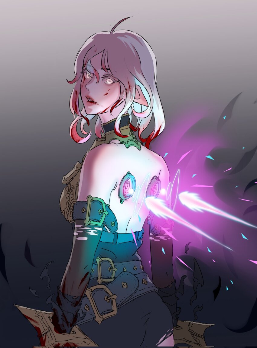 1girl, ahoge, bare_shoulders, belt, black_belt, black_choker, black_pants, blood, blood_in_hair, briar_(league_of_legends), brown_sleeves, choker, commentary, detached_sleeves, energy, english_commentary, gradient_background, grey_background, grey_hair, hair_between_eyes, highres, jjugumibeeo_(uuuumchit), league_of_legends, looking_back, medium_hair, multicolored_hair, open_mouth, pants, pink_hair, torn_clothes, torn_sleeves, two-tone_hair, vampire, yellow_eyes