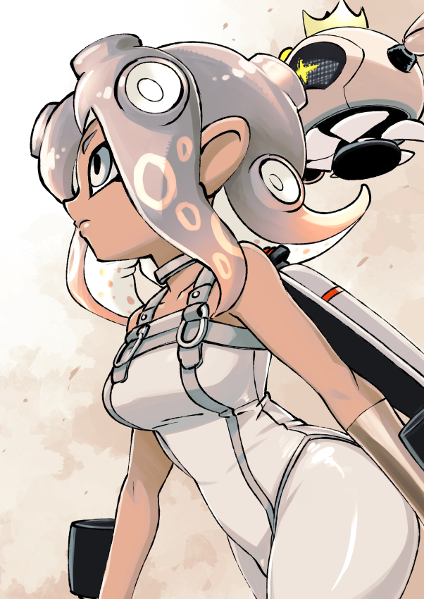 2girls, agent_8_(splatoon), breasts, choker, crown, jacket, medium_breasts, multiple_girls, muramasa_mikado, nintendo, non-humanoid_robot, octoling, octoling_girl, octoling_player_character, pearl_(splatoon), pearl_drone_(splatoon), robot, splatoon_(series), splatoon_3, splatoon_3:_side_order, suspenders, tentacle_hair, white_background, white_jacket