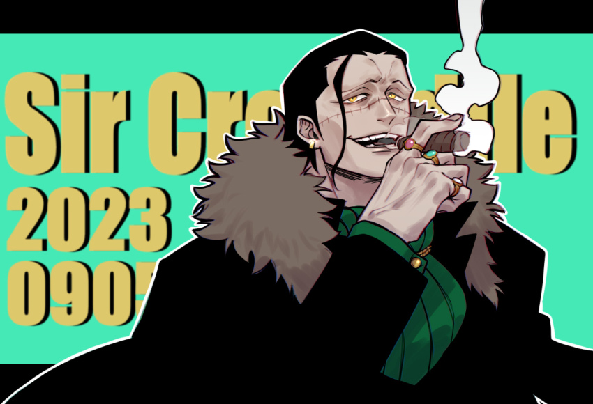 1boy, ascot, black_hair, cigar, coat, crocodile_(one_piece), hair_slicked_back, happy_birthday, male_focus, mature_male, mosasaursun, one_piece, scar, scar_on_face, scar_on_nose, short_hair, smoking, smug, solo, stitches, upper_body, wrinkled_skin