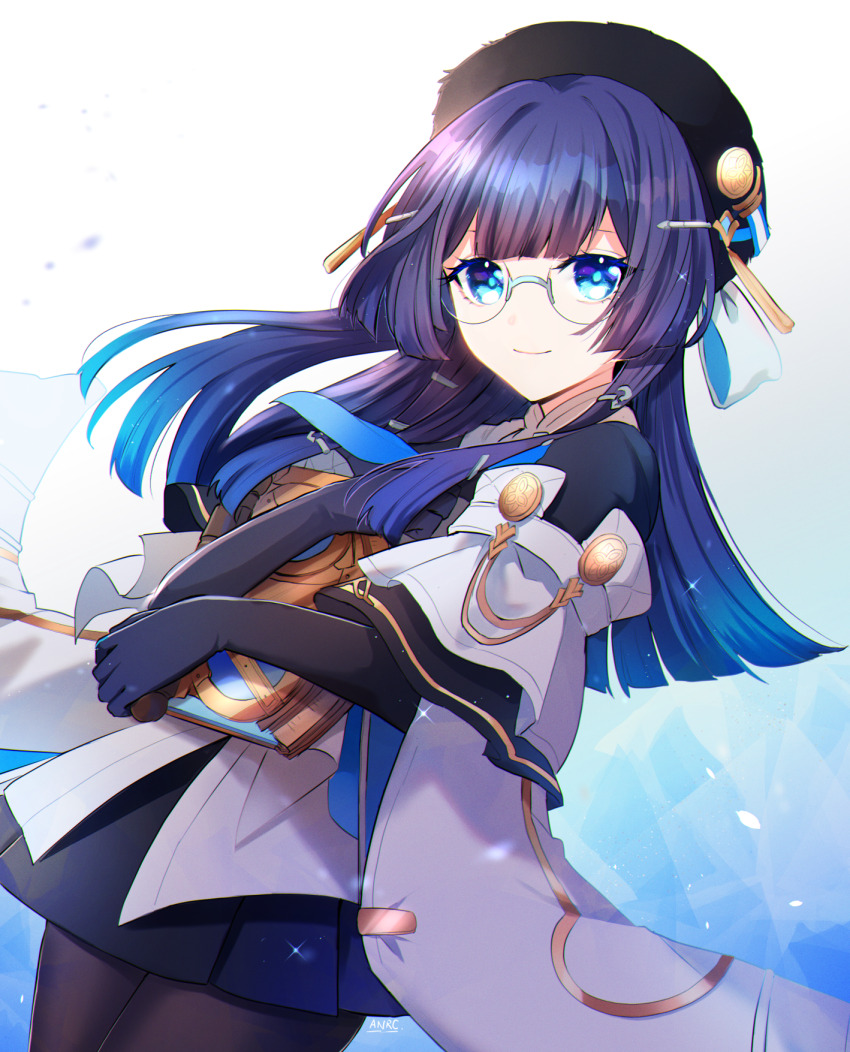 1girl, annerica, beret, black_gloves, black_hat, black_pantyhose, black_skirt, blue_eyes