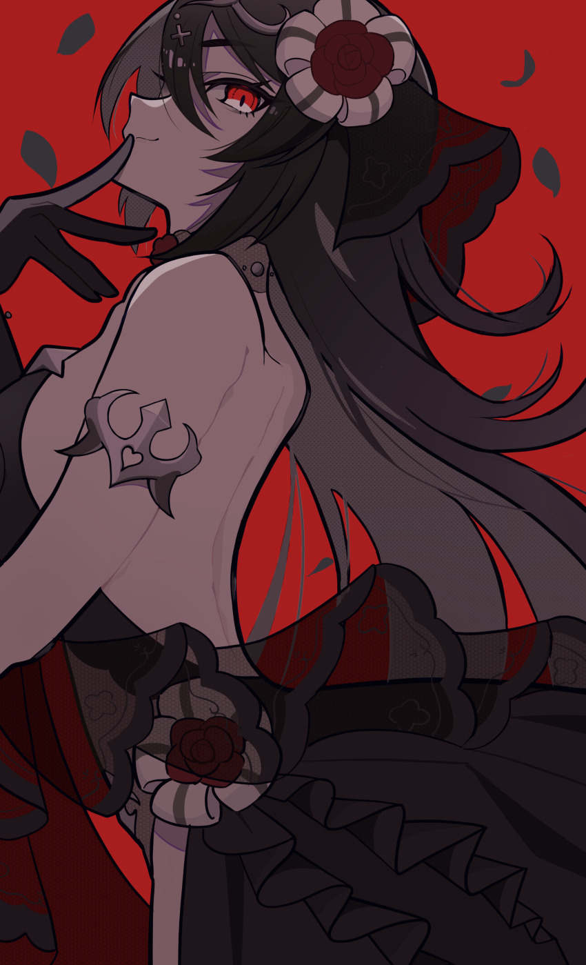 1girl, absurdres, armlet, bare_back, black_dress, dress, eyelashes, finger_to_mouth