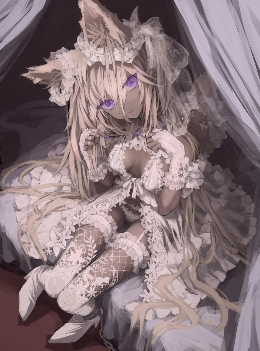 1girl, 3:, animal_ear_fluff, animal_ears, ankle_cuffs, babydoll, bare_shoulders, bed, blonde_hair, breasts, bridal_gauntlets, bridal_lingerie, canopy_bed, chain, dark-skinned_female, dark_skin, dress, fingernails, fishnet_thighhighs, fishnets, frilled_dress, frilled_gloves, frilled_thigh_strap, frilled_thighhighs, frills, full_body, garter_belt, gloves, hair_between_eyes, head_tilt, highres, knees_together_feet_apart, lace, lingerie, long_bangs, long_hair, looking_at_viewer, navel, on_bed, original, osobachan, panties, pigeon-toed, purple_eyes, purple_nails, sitting, small_breasts, solo, tail, thigh_strap, thighhighs, underwear, very_long_hair, white_babydoll, white_footwear, white_panties, white_thighhighs, wolf_ears, wolf_girl, wolf_tail