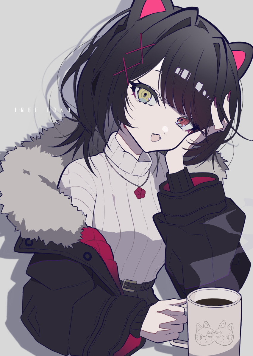 animal_ears, belt, black_belt, black_coat, black_hair, cat_ears, character_name, coat, coffee, cup, dot_nose, drop_shadow, fangs, fur-trimmed_coat, fur_trim, hand_on_own_face, highres, holding, holding_cup, inui_toko, jewelry, mikoshiba_megu, mug, necklace, nijisanji, red_eyes, ribbed_sweater, short_hair, sweater, virtual_youtuber, white_sweater, yellow_eyes